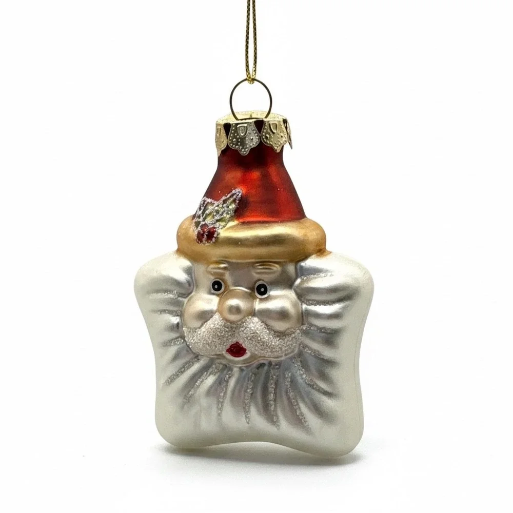 Vintage Blown Glass Santa Star Christmas Ornament Red Hat Glitter Retro Mercury